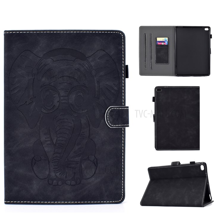 Imprint Elephant Card Slots Leather Stand Tablet Case for iPad 9.7-inch (2018)/(2017)/Air (2013)/Air 2 - Black-1