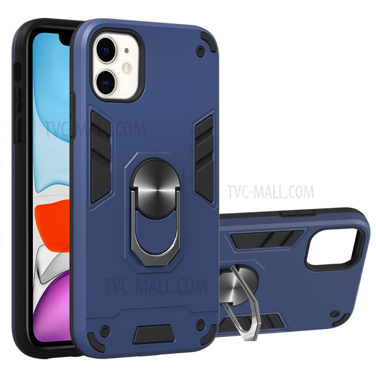 Caso Telefone Híbrido Destacável 2-in-1 + Plástico TPU Com Suporte Magnético Dedo Para Maçã Iphone 11 6,1 Polegadas - Azul Escuro-1