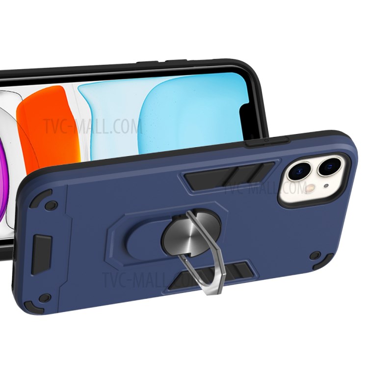 Caso Telefone Híbrido Destacável 2-in-1 + Plástico TPU Com Suporte Magnético Dedo Para Maçã Iphone 11 6,1 Polegadas - Azul Escuro-3