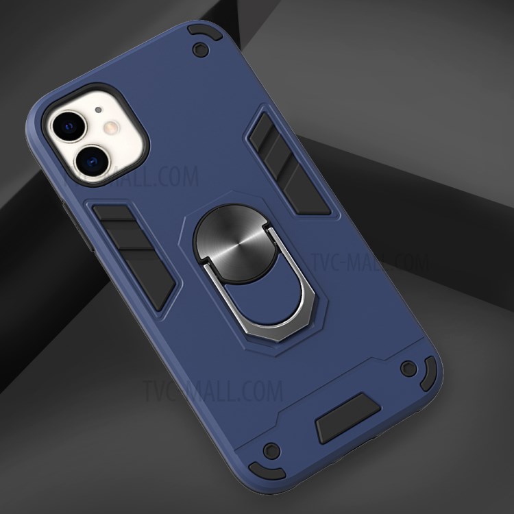 Caso Telefone Híbrido Destacável 2-in-1 + Plástico TPU Com Suporte Magnético Dedo Para Maçã Iphone 11 6,1 Polegadas - Azul Escuro-4