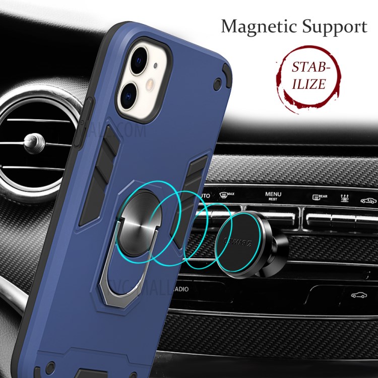 Caso Telefone Híbrido Destacável 2-in-1 + Plástico TPU Com Suporte Magnético Dedo Para Maçã Iphone 11 6,1 Polegadas - Azul Escuro-5