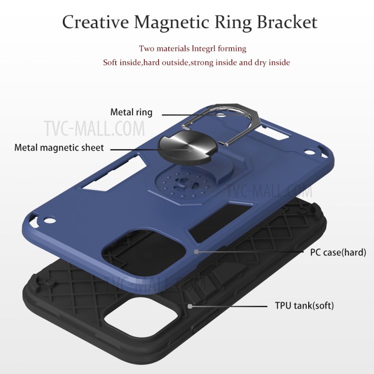 Caso Telefone Híbrido Destacável 2-in-1 + Plástico TPU Com Suporte Magnético Dedo Para Maçã Iphone 11 6,1 Polegadas - Azul Escuro-6