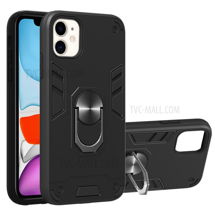 Caso Telefone Híbrido Destacável 2-in-1 + Plástico TPU Com Suporte Magnético Dedo Para Maçã Iphone 11 6,1 Polegadas - Preto-1