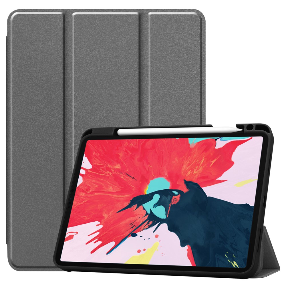Caixa Elegante Da Tabuleta Da Tabuleta De Couro Do Suporte De Tri-Dobre Com O Slot Da Pena Para O Ar Do Ipad (2020) / Pro 11 Polegadas (2020) / (2018) - Cinza-1