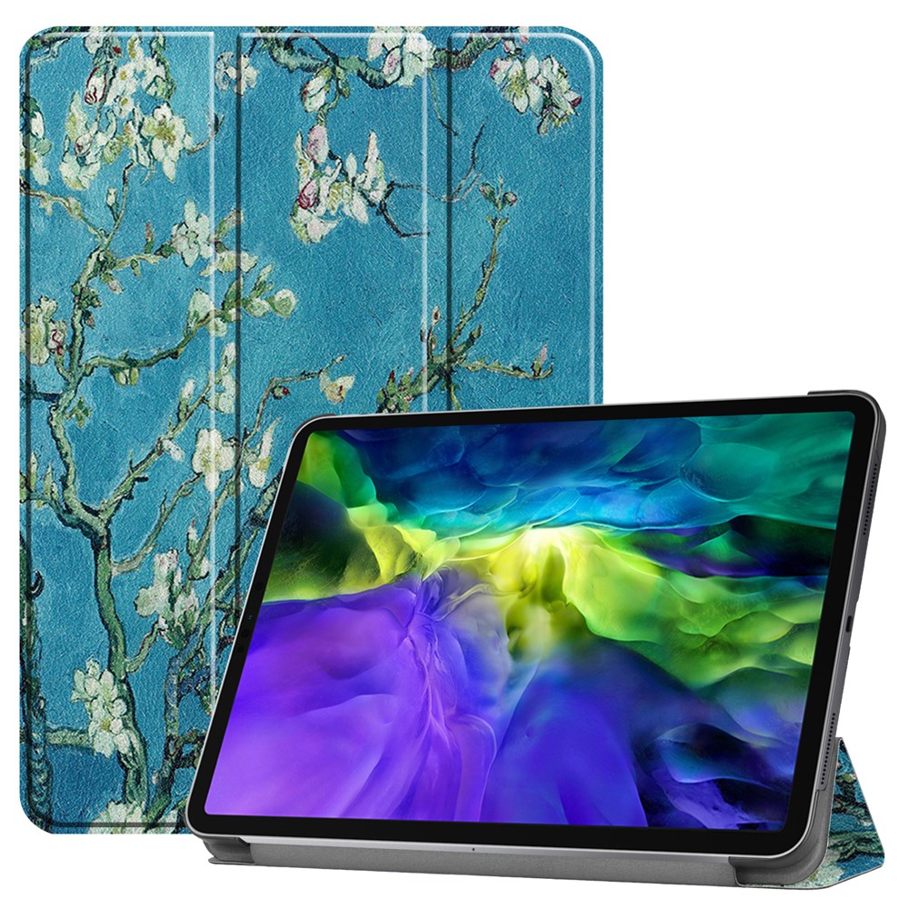 Printing Surface Tri-fold Stand Leather Smart Case for iPad Pro 11-inch (2022) / (2021) / (2020) / (2018) Tablet Cover - Peach Blossom