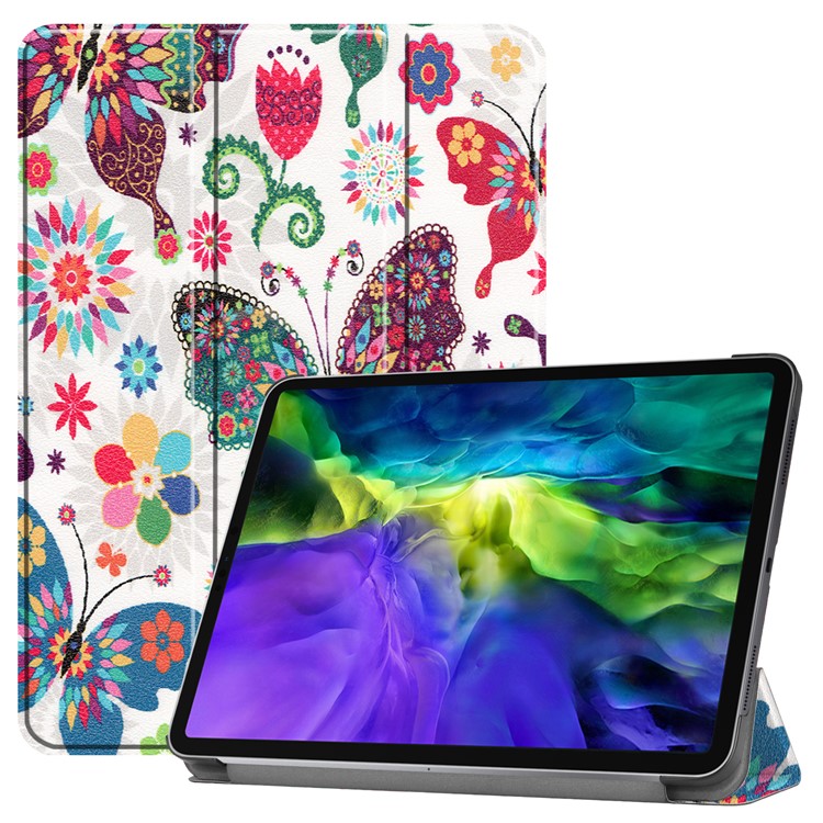 Druckoberfläche Dreifachfalz Stand Leder Intelligenter Fall Für Ipad Pro 11-Zoll (2020) - Schmetterlinge Und Blumen-1