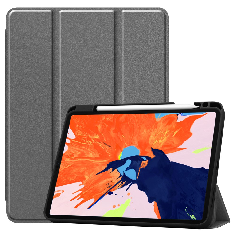 Business Tri-fold Stand pu Leather Soft TPU Back Auto Wake / Sleep Cover Avec Porte-crayon Pour Ipad Pro 12,9 Pouces (2020) / (2018) - Gris