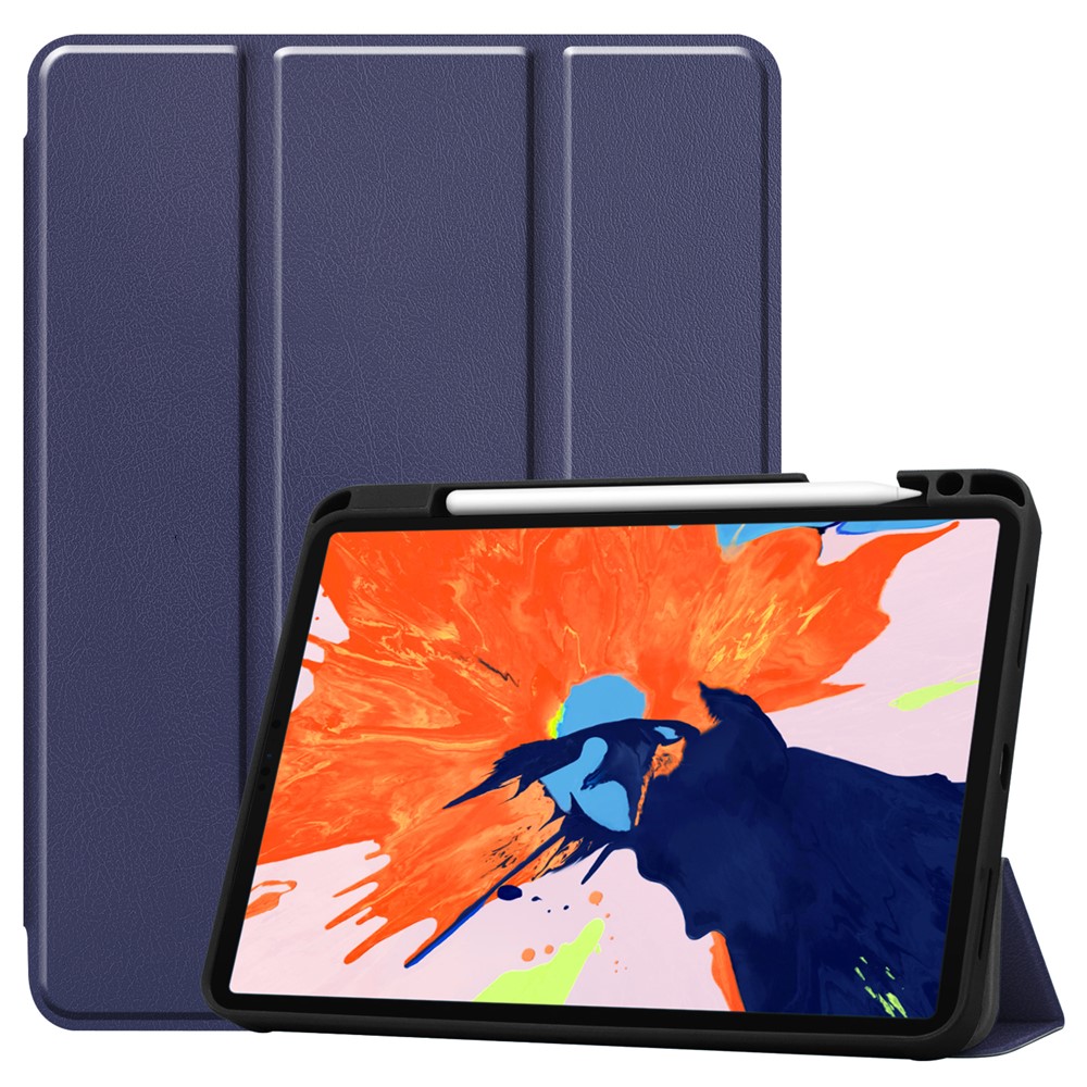 Pour IPad Pro 12,9 Pouces (2020) Trois Fois Avec Étui En Cuir Élégant Stand Avec Fente Pour Stylo - Bleu Foncé-1