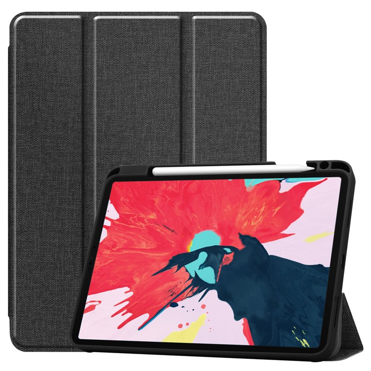 Jeans Texture Tri-fold Stand PU Leather Tablet Casing with Pen Slot for iPad Pro 11-inch (2020) - Black-1