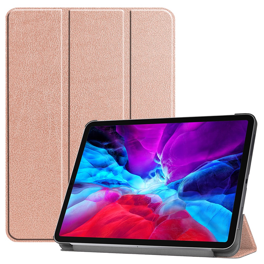 Cuir Stand Trois Volets Support Intelligent Cas Crayon De Pomme De Charge Pour IPad Pro 12,9 Pouces (2020) - Or Rose-1
