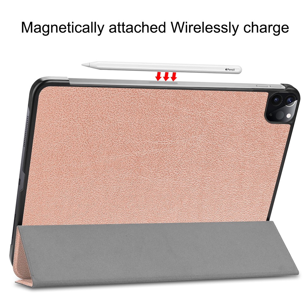 Cuir Stand Trois Volets Support Intelligent Cas Crayon De Pomme De Charge Pour IPad Pro 12,9 Pouces (2020) - Or Rose-5