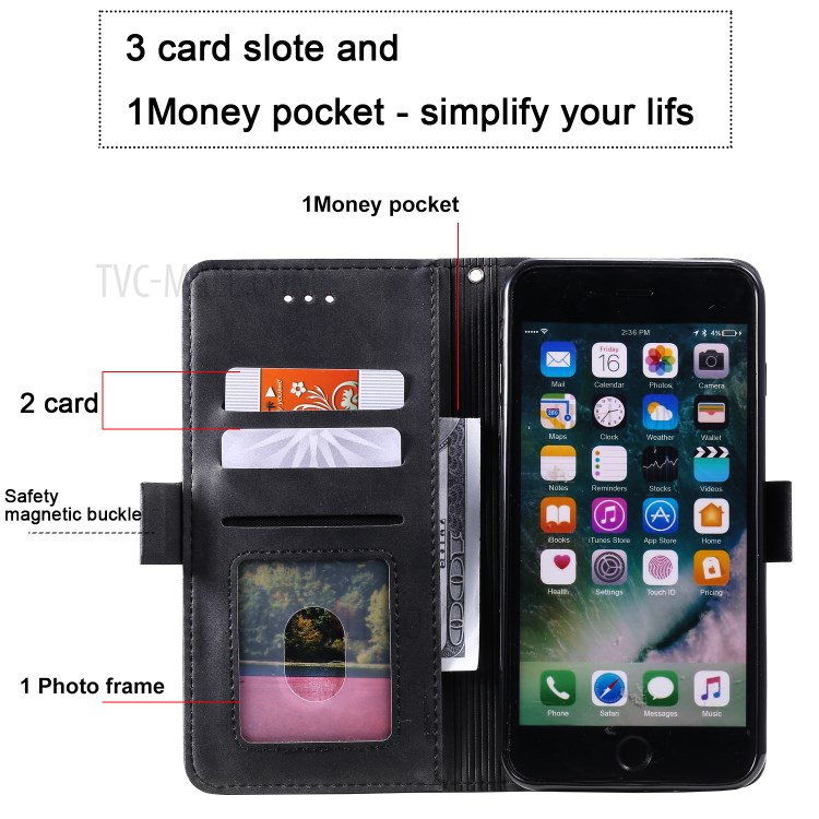 Vintage Splicing Style Wallet Stand Leather Phone Shell for iPhone 7 Plus/8 Plus 5.5 inch -  Black-11