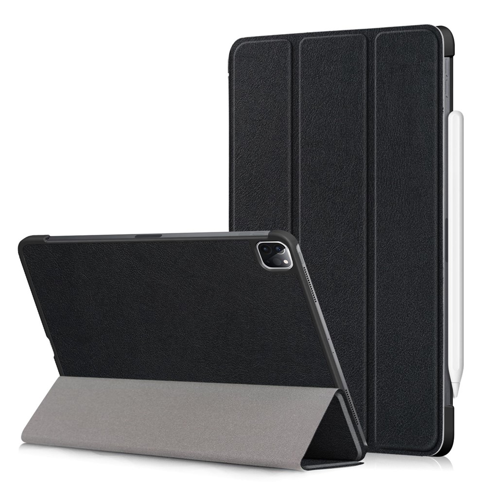 Litch Skin PU Leather Tri-fold Stand Tablet Case for iPad Pro 11-inch (2020) / (2018) - Black-1