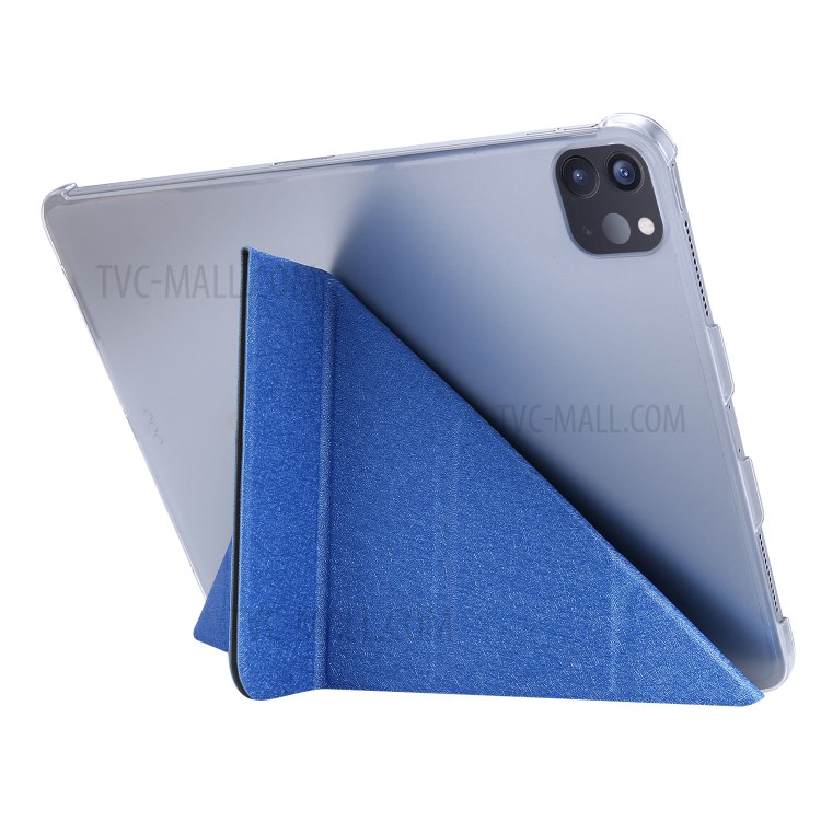 Origami Stand Silk Texture Leather Smart Case for iPad Pro 12.9-inch (2020) - Dark Blue-11