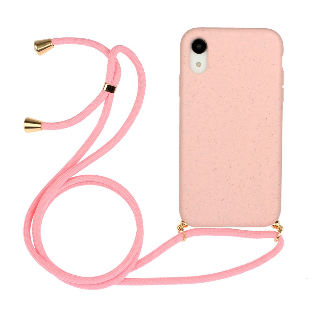 For iPhone XR 6.1 inch Biodegradable Wheat Straw Soft TPU Protective Phone Case with Multi-function Strap - Pink
