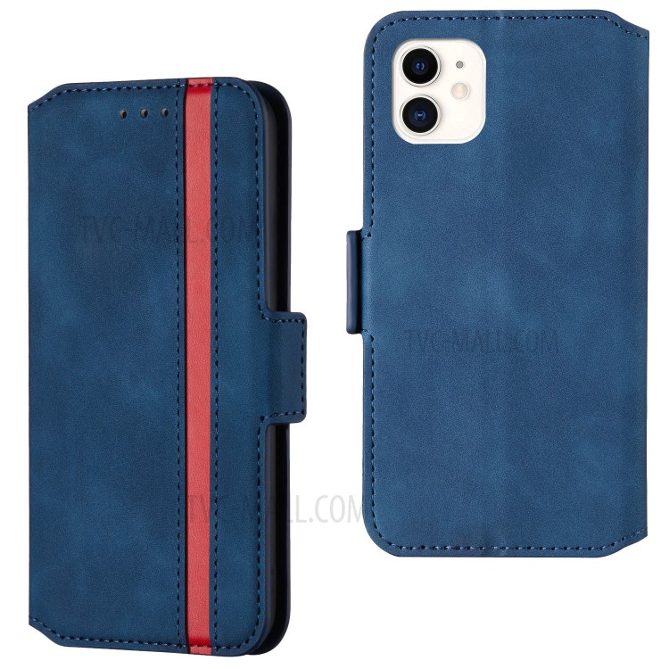 Retro-Stil Spleißen Matte Leder-Kartenhalterkasten Für Iphone 11 6.1 Zoll - Blau-1