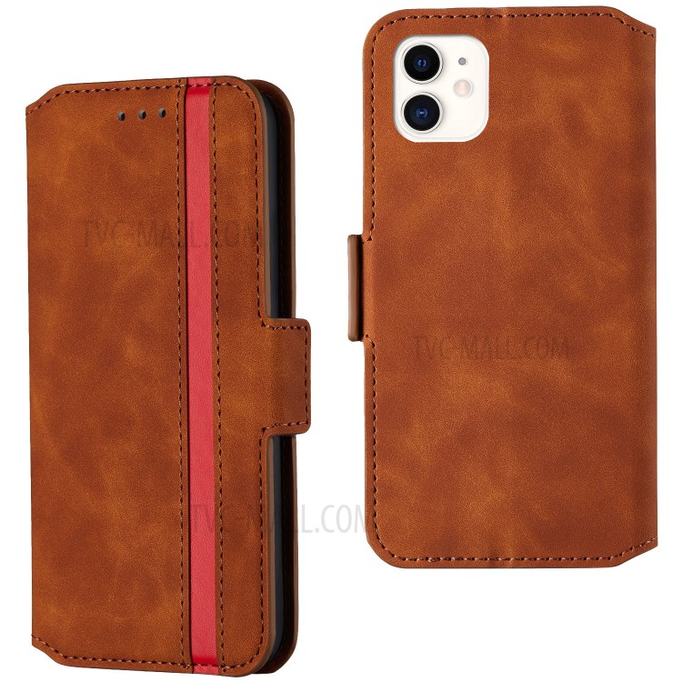 Retro-Stil Spleißen Matte Leder-Kartenhalterkasten Für Iphone 11 6.1 Zoll - Braun-1