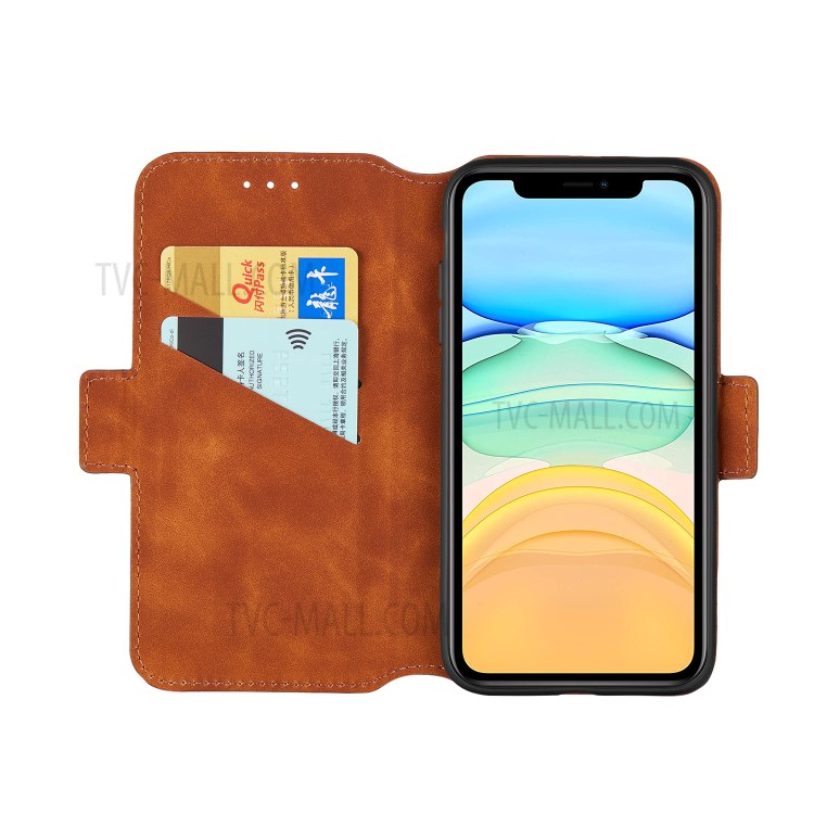Retro-Stil Spleißen Matte Leder-Kartenhalterkasten Für Iphone 11 6.1 Zoll - Braun-6