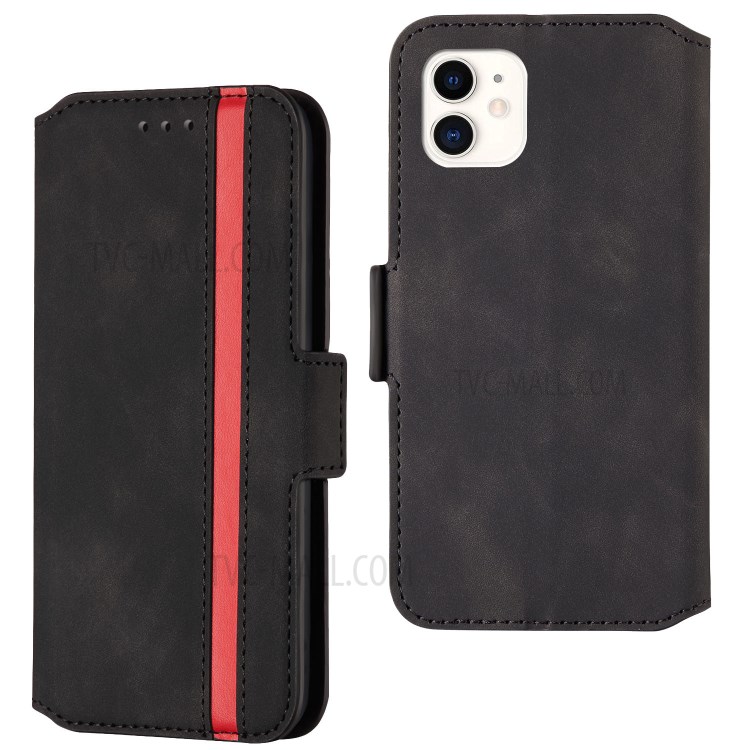 Retro-Stil Spleißen Matte Leder-Kartenhalterkasten Für Iphone 11 6.1 Zoll - Schwarz-1