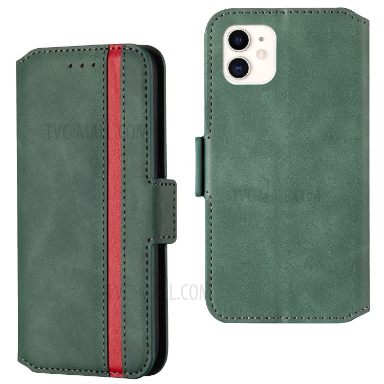 Retro-Stil Spleißen Matte Leder-Kartenhalterkasten Für Iphone 11 6.1 Zoll - Grün-1