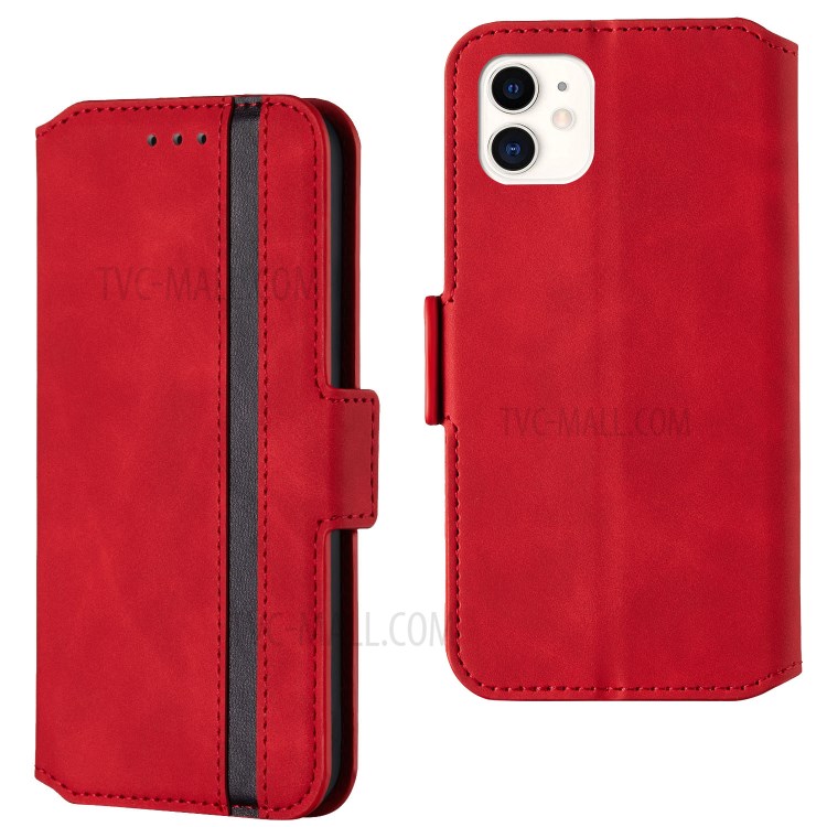 Retro-Stil Spleißen Matte Leder-Kartenhalterkasten Für Iphone 11 6.1 Zoll - Rot-1