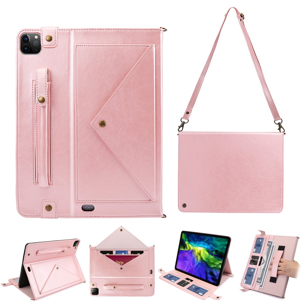Envelop Style Wallet Stand Leather Tablet Shell with Pen Slot for iPad Air (2020) / Pro 11-inch (2022)(2021)(2020)(2018) - Rose Gold