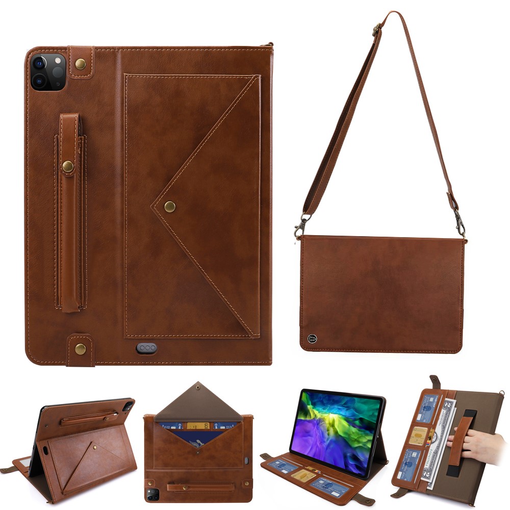Envelop Style Wallet Stand Leather Tablet Shell with Pen Slot for iPad Air (2020) / Pro 11-inch (2022)(2021)(2020)(2018) - Brown