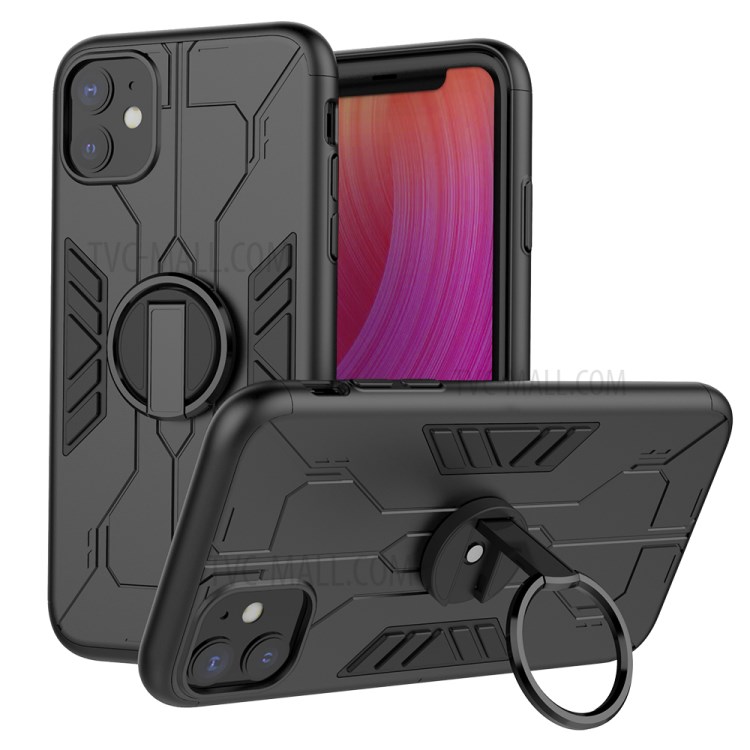 Shocck-resistant Metal+Plastic+TPU Phone Case with Kickstand for iPhone 11 6.1-inch - Black