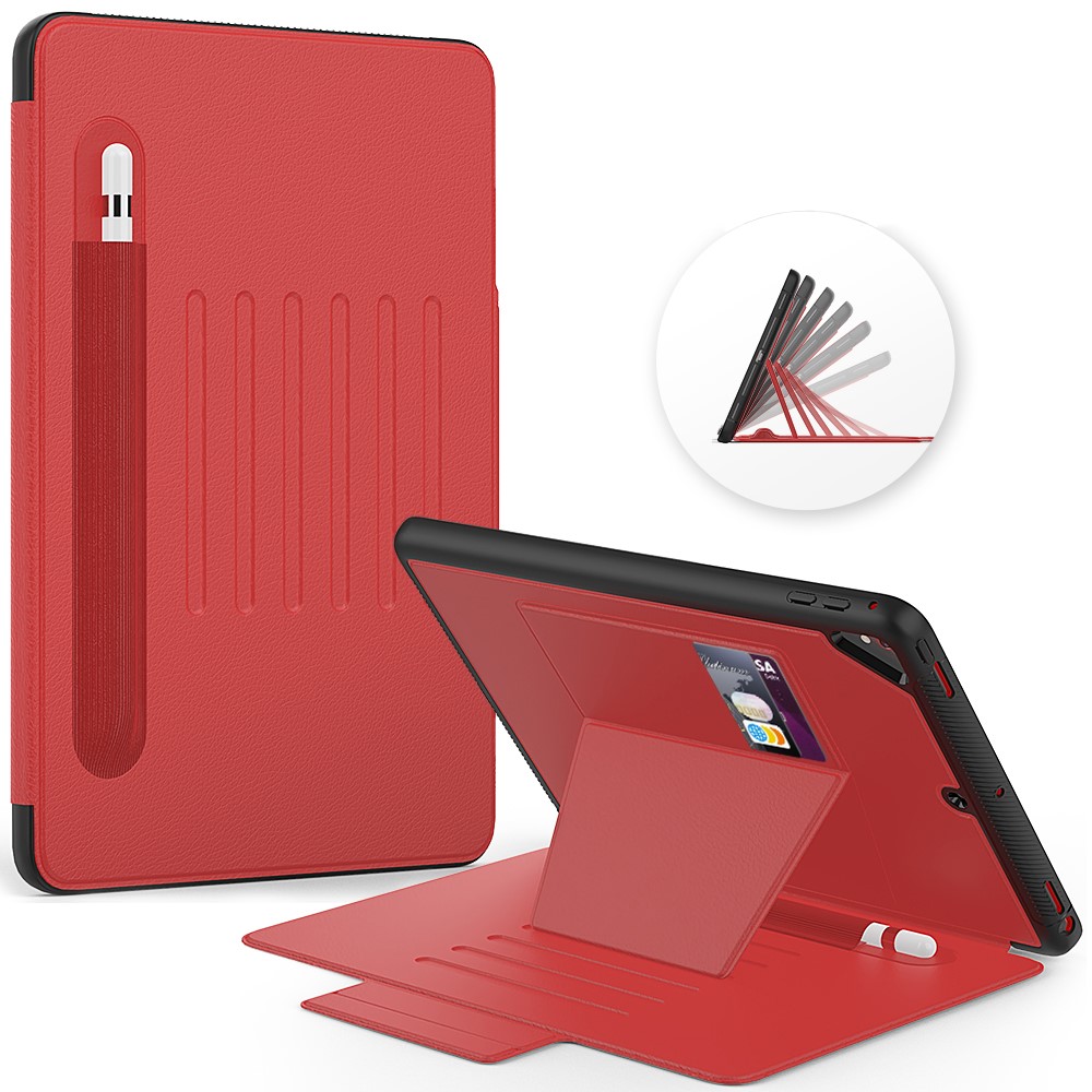 For iPad 9.7-inch (2018)/(2017) Magnetic Stand Card Holder PU Leather Tablet Case with Stylus Slot - Red