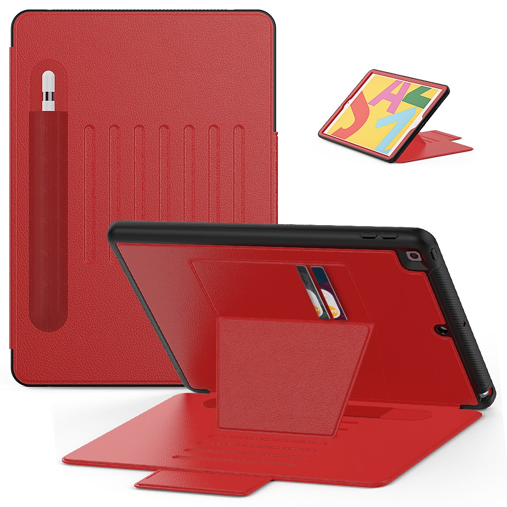 For iPad 10.2 (2020)/(2019) Multi-angle Stand Card Holder Leather Tablet Case Magnetic Closure Cover with Stylus Slot - Red