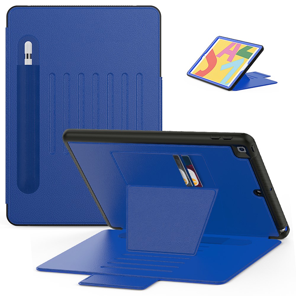 For iPad 10.2 (2020)/(2019) Multi-angle Stand Card Holder Leather Tablet Case Magnetic Closure Cover with Stylus Slot - Blue