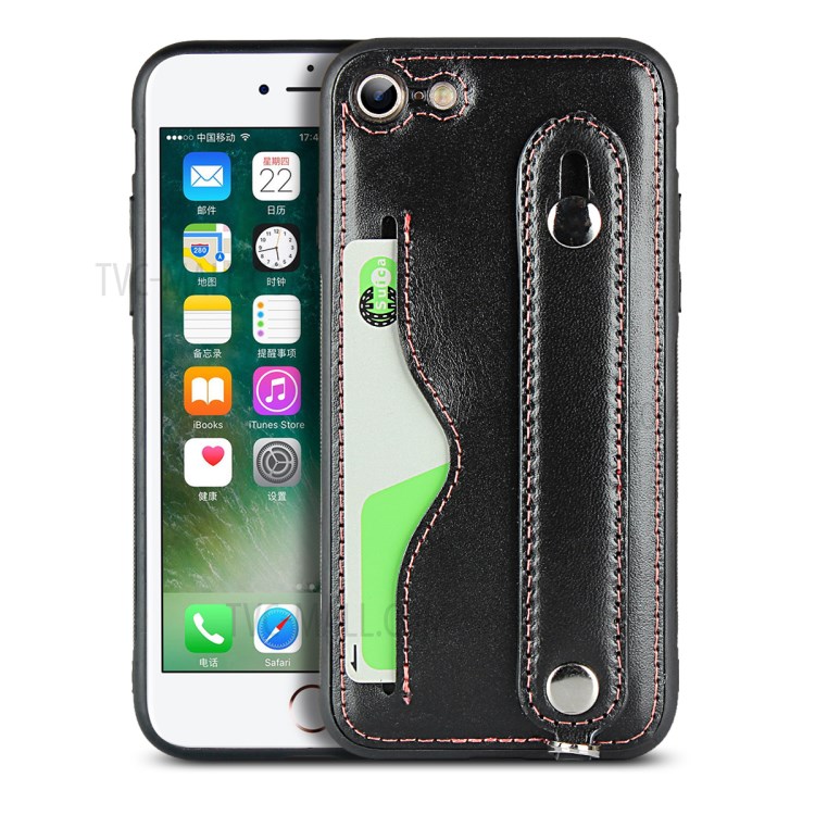 Handy Strap Kickstand Card Holder Genuine Leather Coated TPU Shell with Lanyard for iPhone 8/7 4.7 inch - Black-1