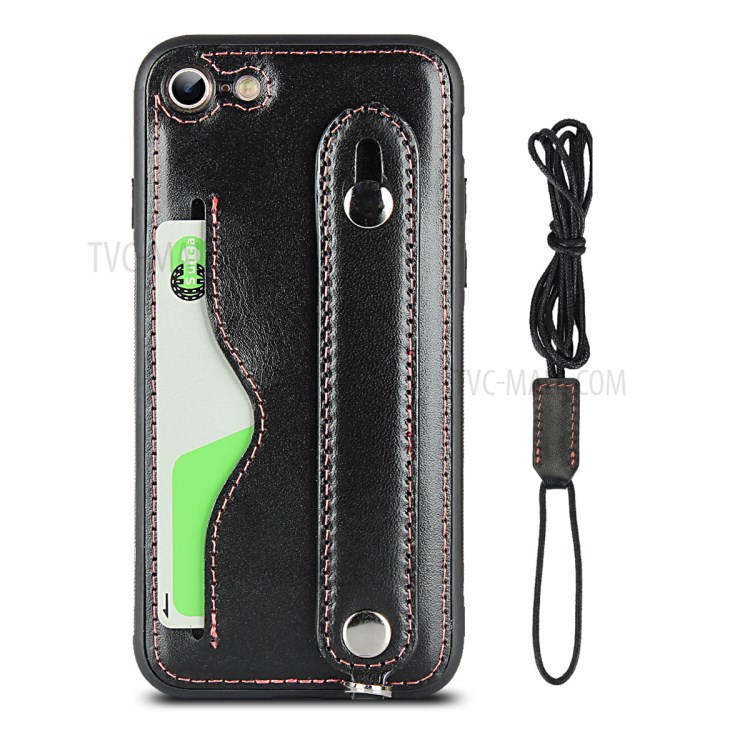 Handy Strap Kickstand Card Holder Genuine Leather Coated TPU Shell with Lanyard for iPhone 8/7 4.7 inch - Black-2