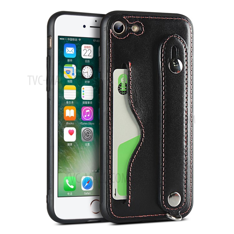 Handy Strap Kickstand Card Holder Genuine Leather Coated TPU Shell with Lanyard for iPhone 8/7 4.7 inch - Black-3