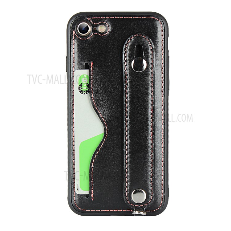 Handy Strap Kickstand Card Holder Genuine Leather Coated TPU Shell with Lanyard for iPhone 8/7 4.7 inch - Black-4