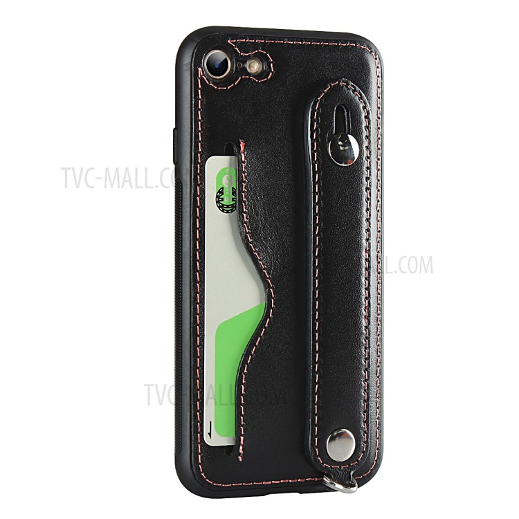 Handy Strap Kickstand Card Holder Genuine Leather Coated TPU Shell with Lanyard for iPhone 8/7 4.7 inch - Black-5