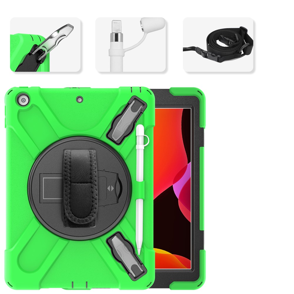 X-Shape PC + TPU Hybrid Case / Two Types Kickstand / Hand Strap and Shoulder Strap / Pen Slot for iPad 10.2 (2021)/(2020)/(2019) - Green
