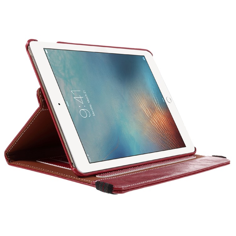 For iPad Pro 9.7 Oil Buffed 360 Rotary Stand Card Slots Leather Smart Cover - Red-4