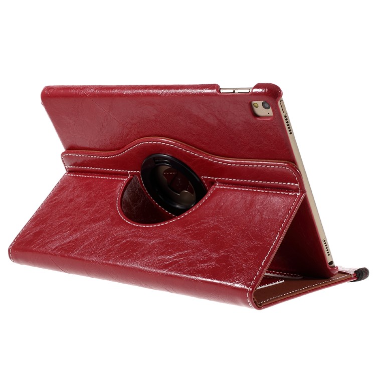 For iPad Pro 9.7 Oil Buffed 360 Rotary Stand Card Slots Leather Smart Cover - Red-5
