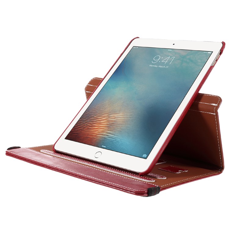 For iPad Pro 9.7 Oil Buffed 360 Rotary Stand Card Slots Leather Smart Cover - Red-6