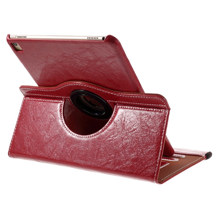 For iPad Pro 9.7 Oil Buffed 360 Rotary Stand Card Slots Leather Smart Cover - Red-7