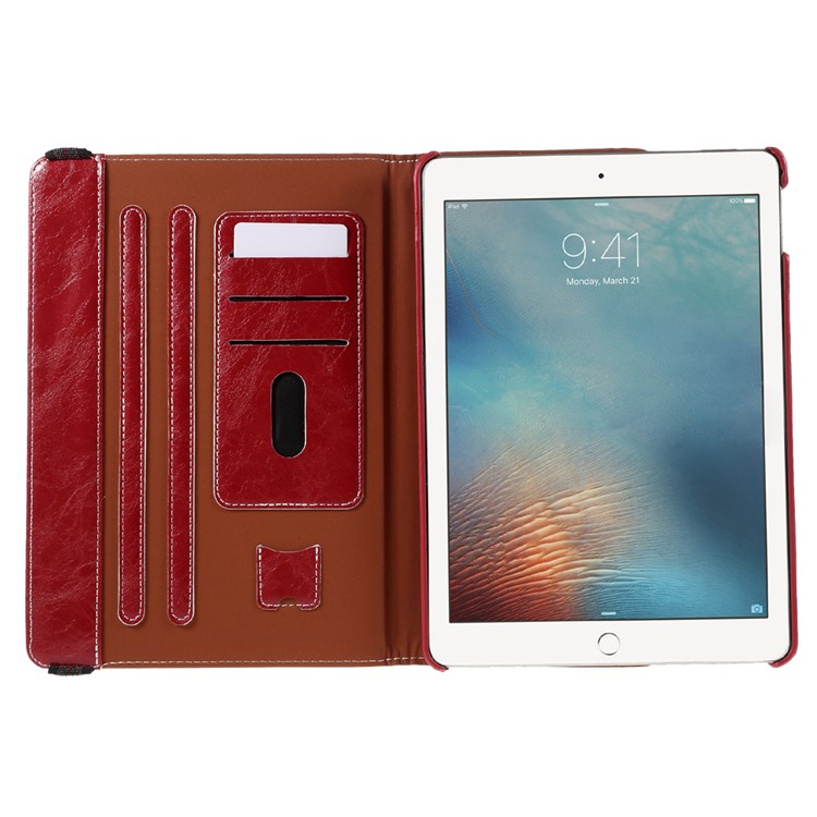 For iPad Pro 9.7 Oil Buffed 360 Rotary Stand Card Slots Leather Smart Cover - Red-8