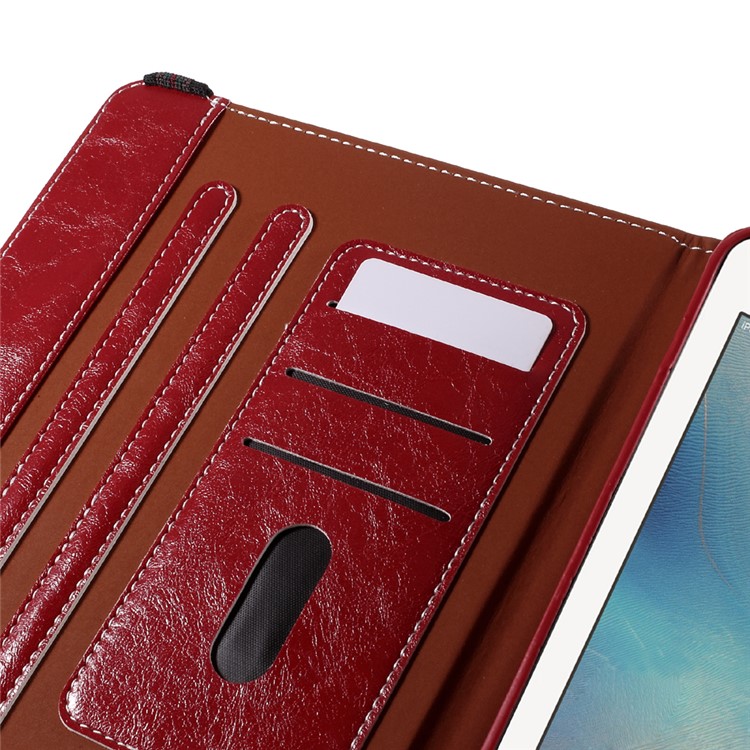 For iPad Pro 9.7 Oil Buffed 360 Rotary Stand Card Slots Leather Smart Cover - Red-9