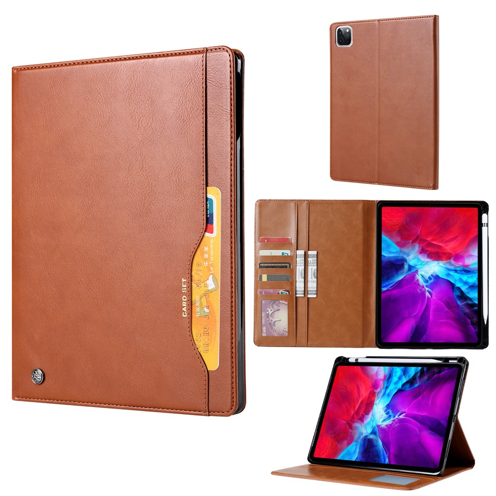 Auto-absorbed PU Leather Wallet Stand Tablet Shell with Pen Slot for iPad Pro 12.9-inch (2020)/(2018) - Light Brown-1