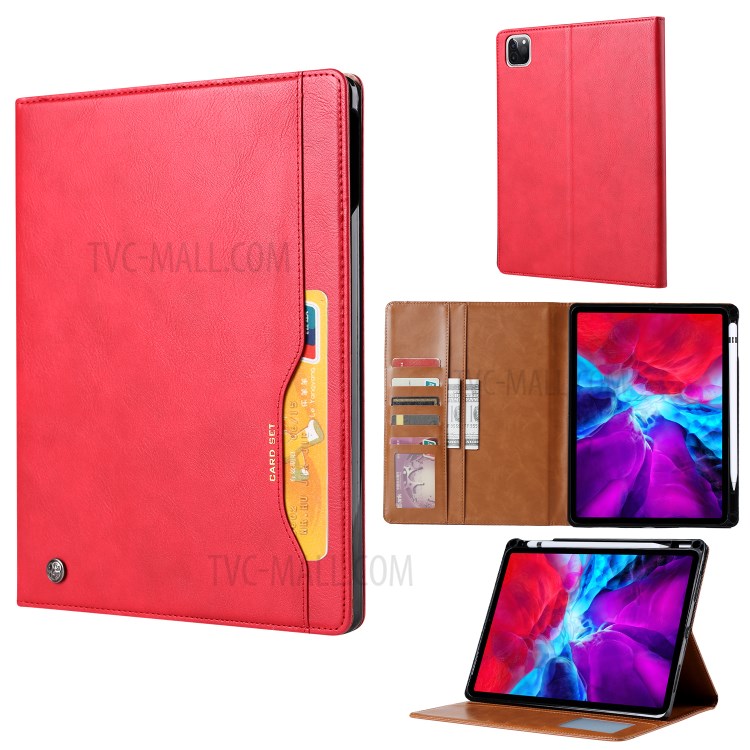 PU Cuir Absorbé Auto-portefeuille Shell Tablette Support Avec Fente Pour Stylo Pour Ipad Pro 12,9 Pouces (2020) / (2018) - Rouge-1