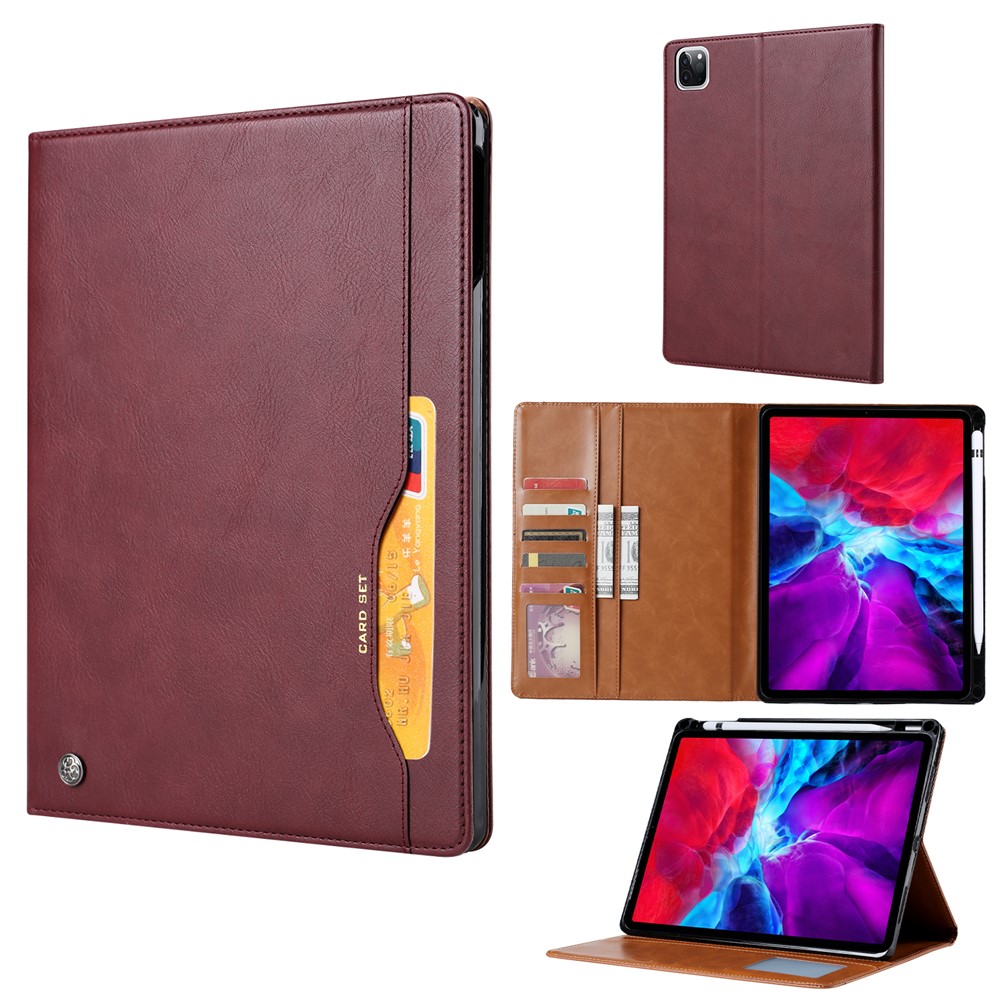 Soporte de Billetera de Cuero PU de Auto-absorbido Con Ranura Para Lápiz Para Ipad Pro de 12.9 Pulgadas (2020)/(2018) - Marron Oscuro