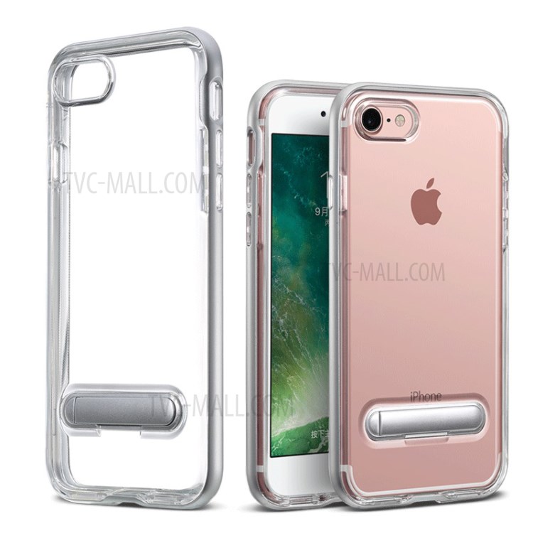 Clear TPU + PC Hybrid Shell with Kickstand for iPhone SE (2nd Generation)/8/7 - Silver-1