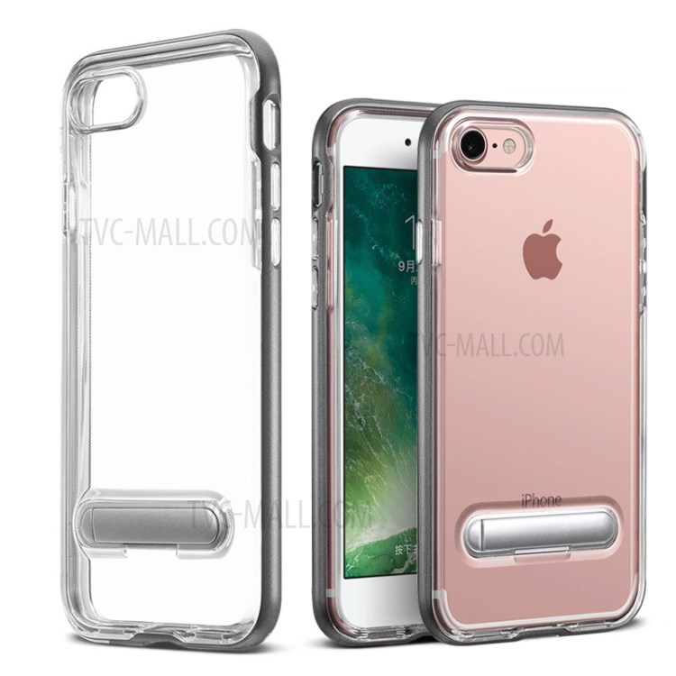 Clear TPU + PC Hybrid Shell with Kickstand for iPhone SE (2nd Generation)/8/7 - Grey-1