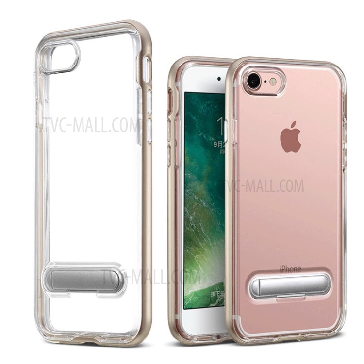 Clear TPU + PC Hybrid Shell with Kickstand for iPhone SE (2nd Generation)/8/7 - Gold-1