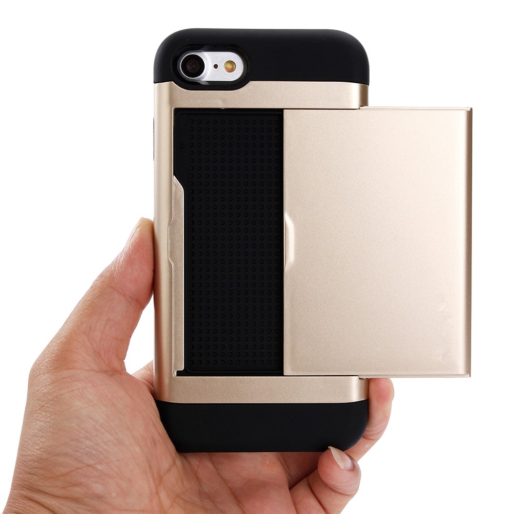 Slide Card Slot Plastic + TPU Hybrid Cover for iPhone SE (2nd Generation)/8/7 - Gold-2